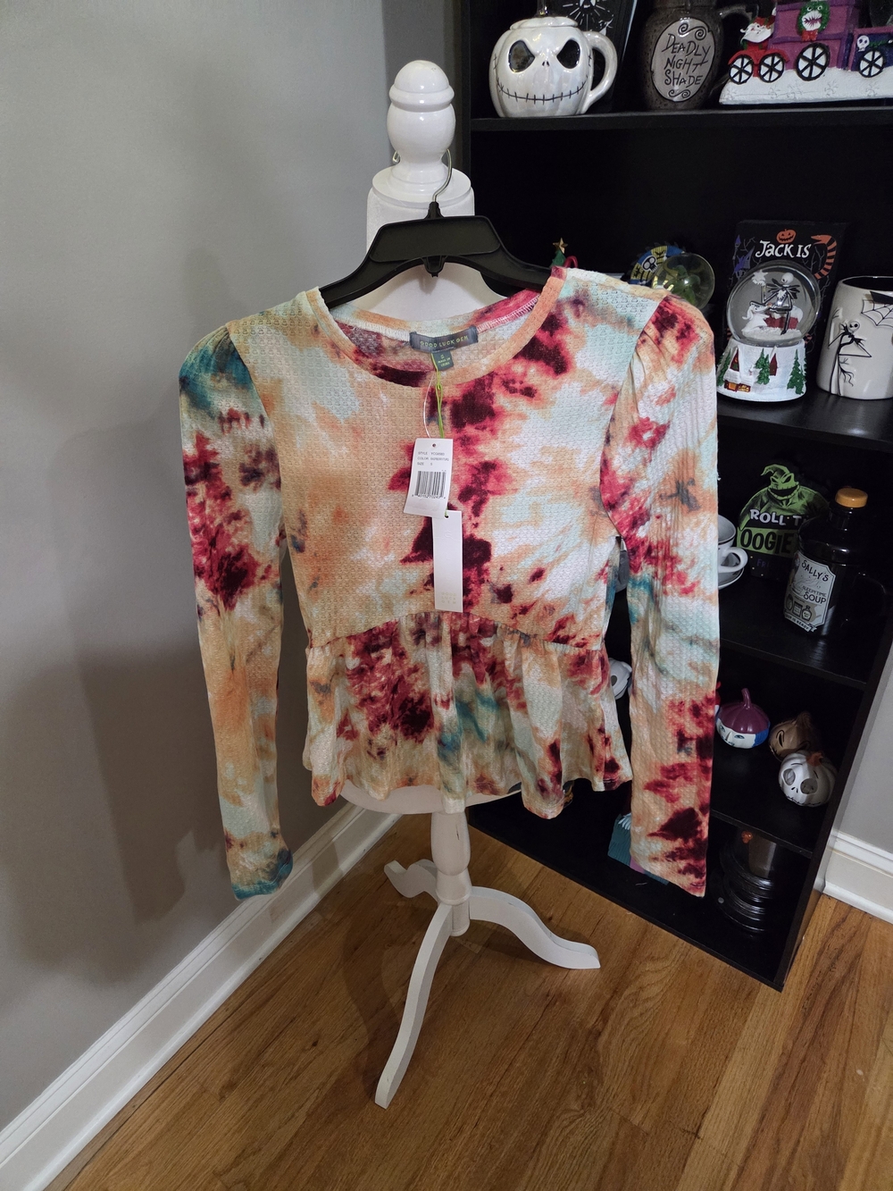 Good Luck Gem Tie-Dye Peplum Long Sleeve Top - Red, Orange, Teal